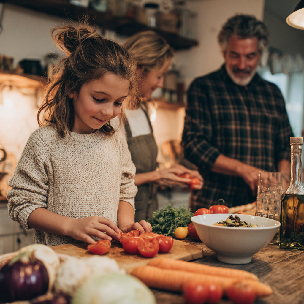 Сім'я готує корисну їжу разом